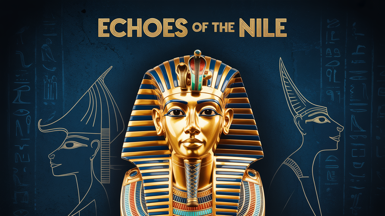 A professional hero image design with an ancient Egyptian theme, featuring a golden pharaoh's mask at the center, flanked by stylized gods, with the title 'Echoes of the Nile'.