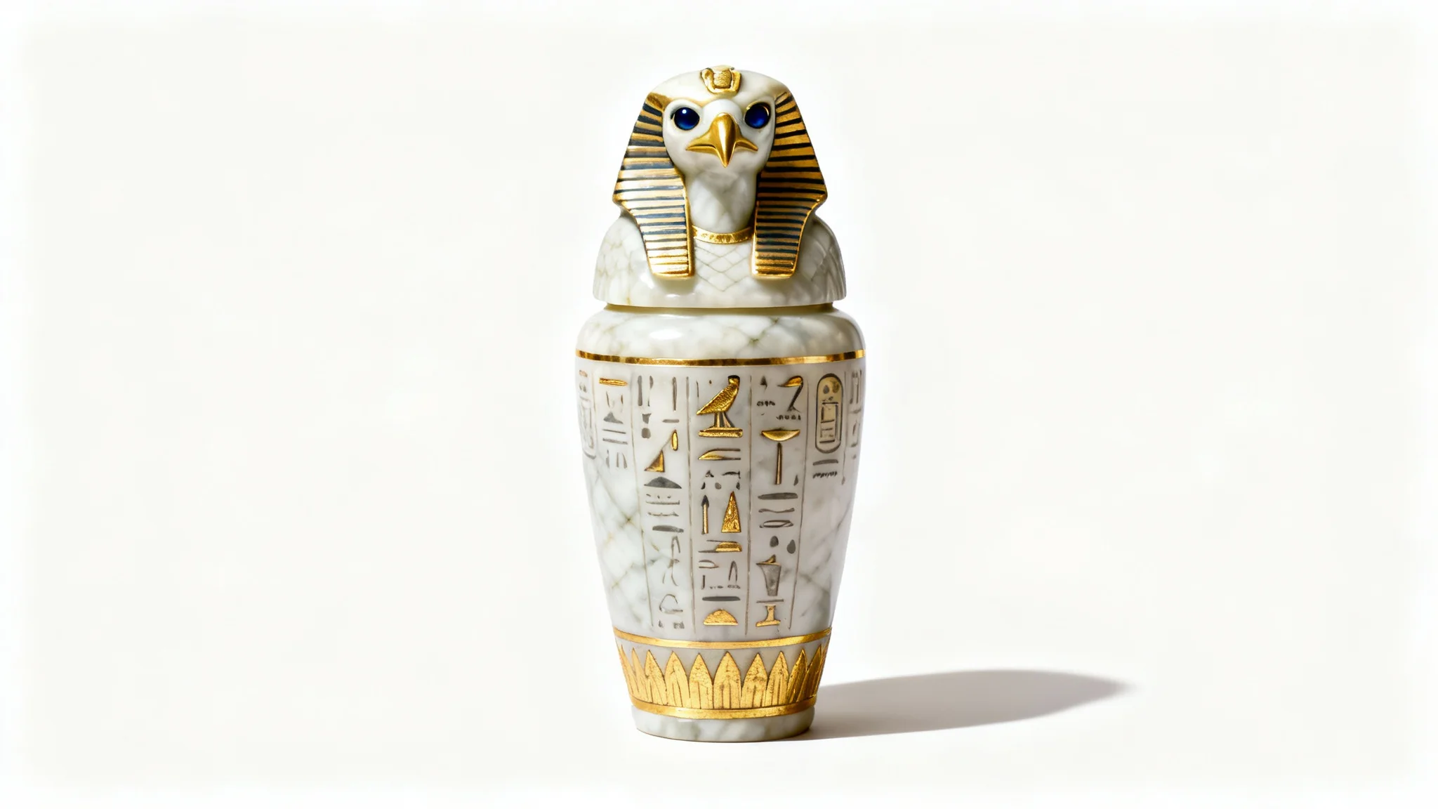 A detailed, photorealistic mockup of an ancient Egyptian canopic jar with a falcon-headed lid, set against a plain white background.