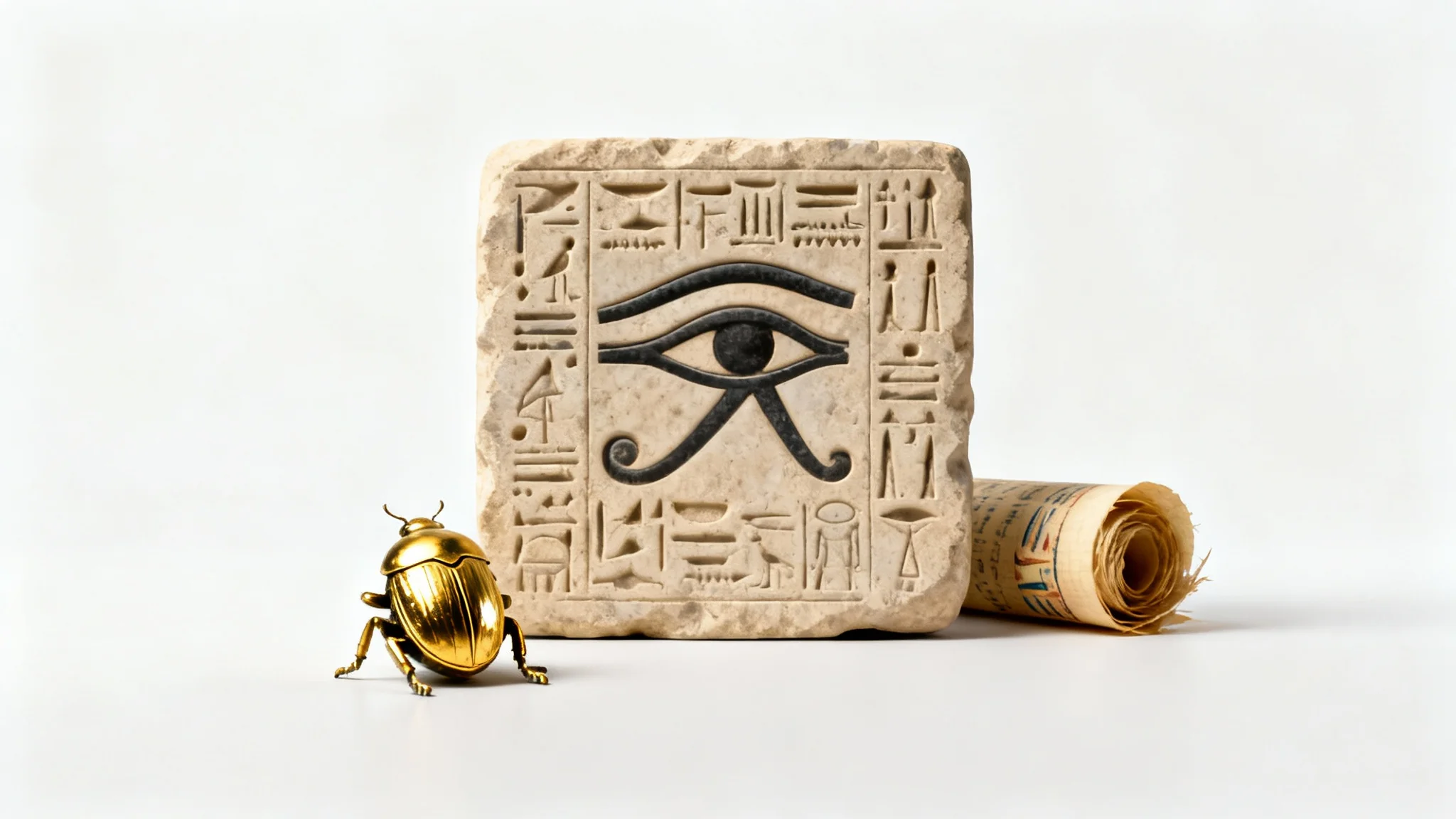 A collection of ancient Egyptian artifacts, including a hieroglyph-carved tablet and a golden scarab, displayed against a white background.