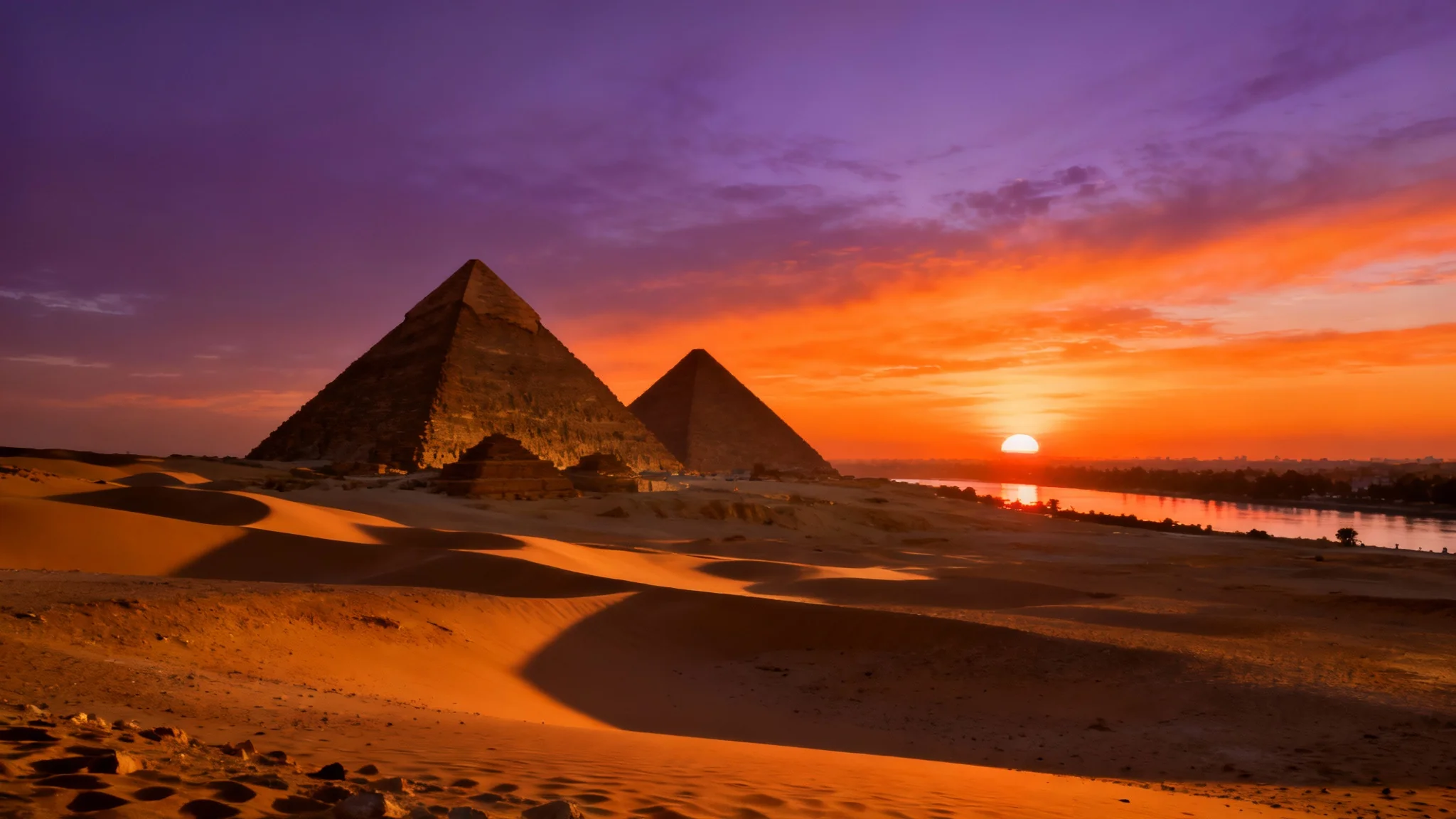 A photorealistic image of the Great Pyramids of Giza at sunset, with the desert and the Nile River bathed in the warm light of the golden hour.