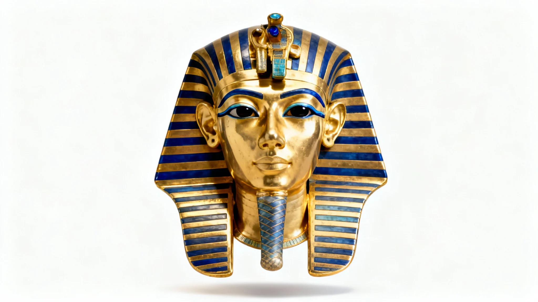 A photorealistic image of a golden ancient Egyptian burial mask, similar to Tutankhamun's, with blue lapis lazuli details, set against a stark white background.