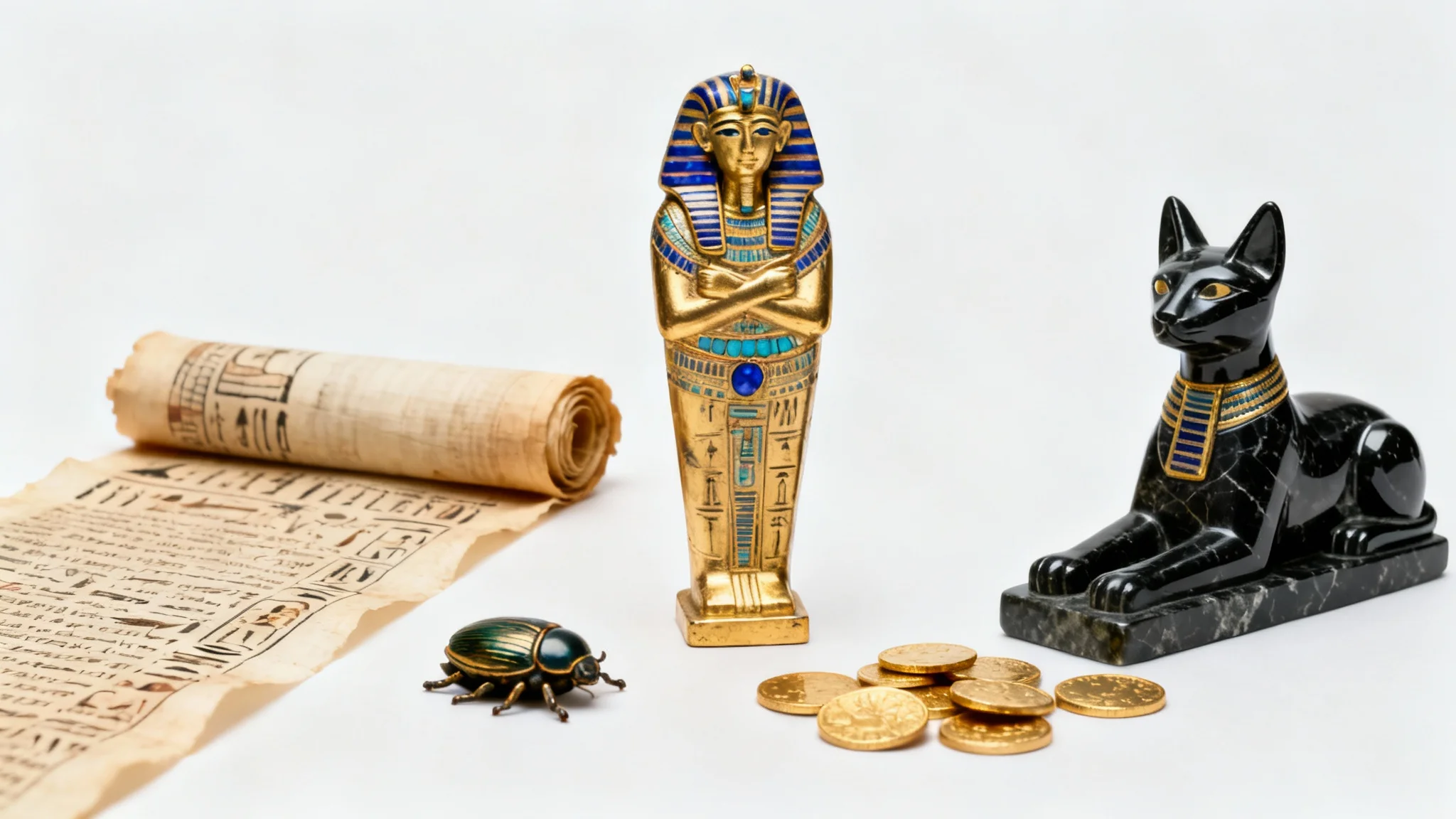 A photorealistic mockup of ancient Egyptian artifacts, including a golden sarcophagus, a papyrus scroll, and a Bastet statuette, displayed on a clean white background.