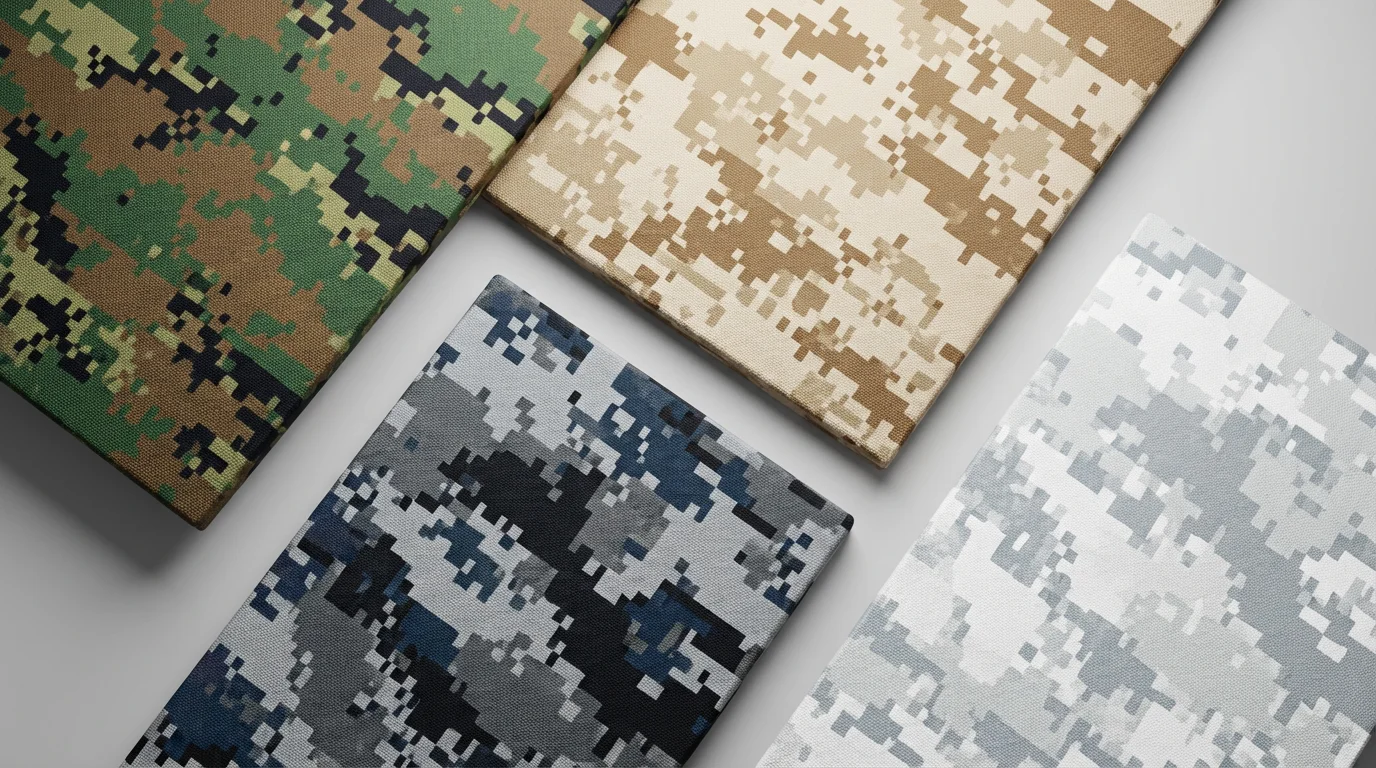 A hero image displaying four different types of digital camouflage patterns—woodland, desert, urban, and arctic—applied to sleek panels arranged against a clean, light gray background, showcasing the output of a texture generator.