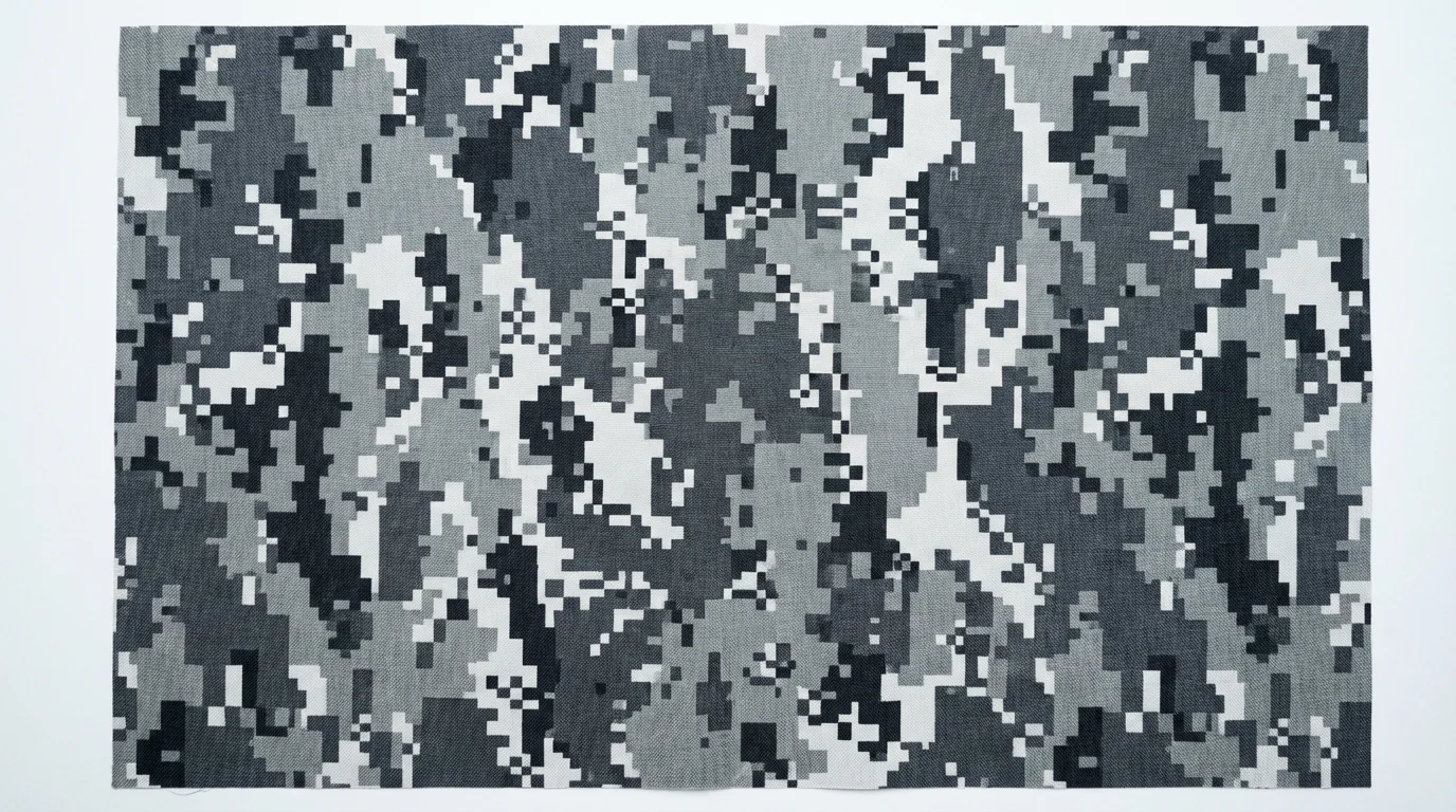 A detailed, top-down image of a digital camouflage texture composed of small pixelated squares in shades of gray, black, and white.