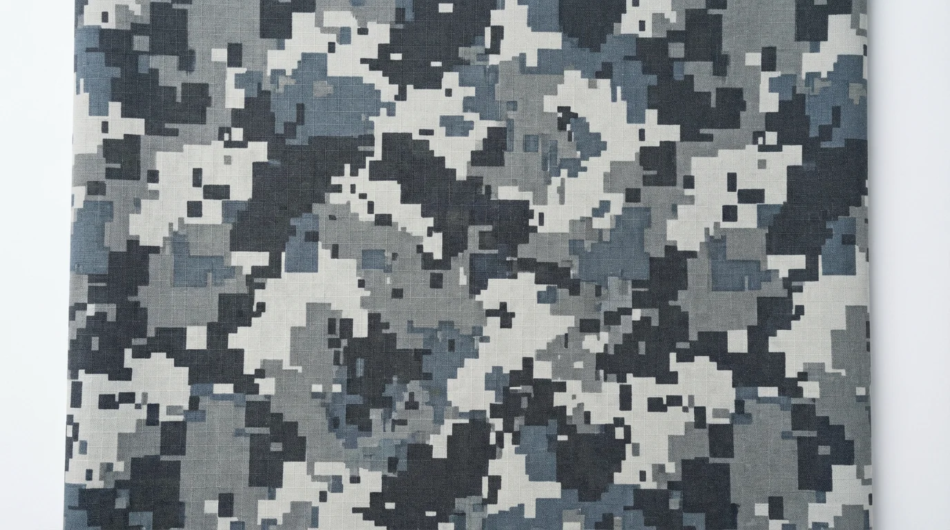 A close-up, top-down view of a digital camouflage pattern featuring pixelated blocks in shades of grey, charcoal, and blue on a white background.
