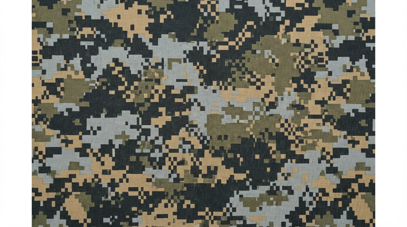 A detailed, top-down view of a modern digital camouflage texture, featuring a pattern of small, square pixels in shades of gray, olive green, and tan.
