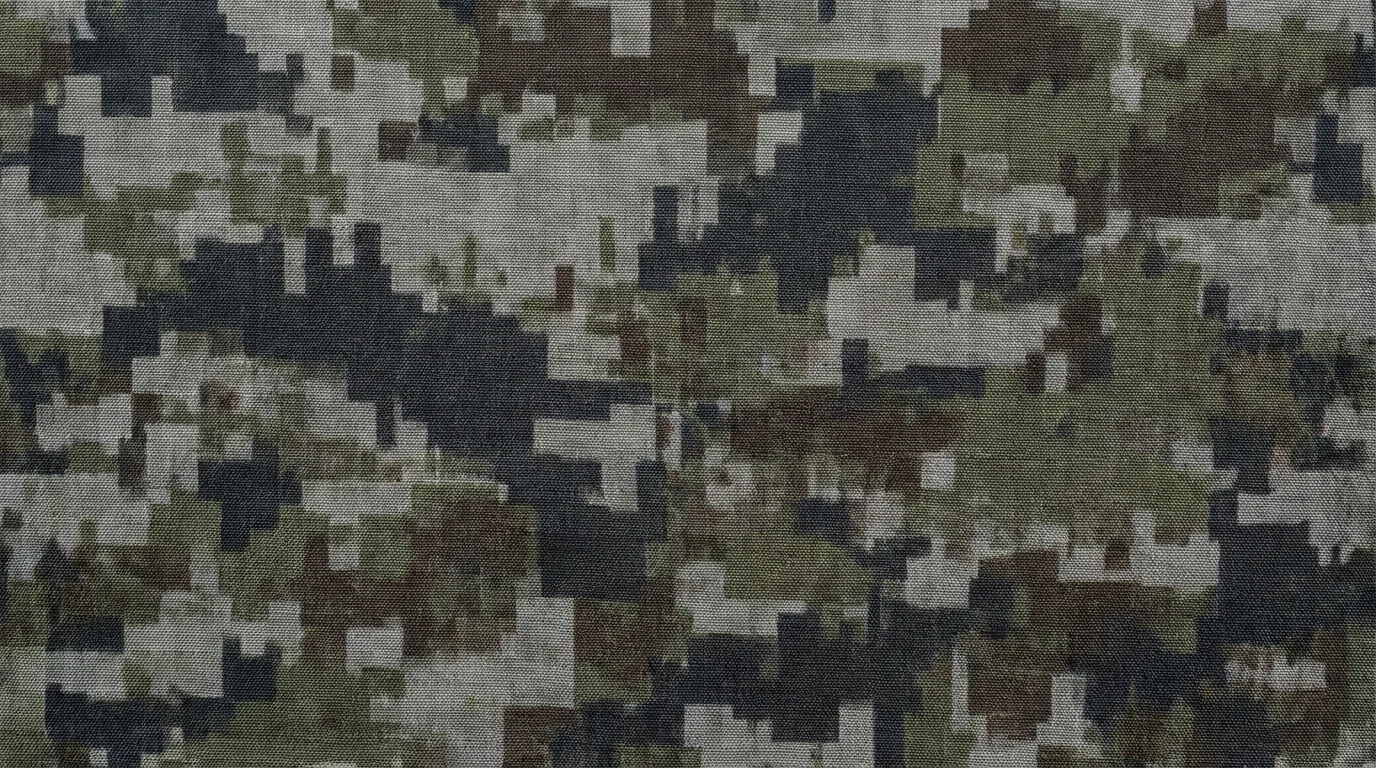 A close-up view of a digital camouflage pattern featuring pixelated blocks of gray, charcoal, olive green, and brown in a modern, geometric arrangement.
