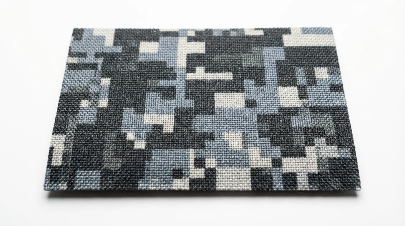 A close-up of a digital camouflage texture sample, featuring a pattern of pixelated squares in shades of gray and slate blue, presented on a clean white background.
