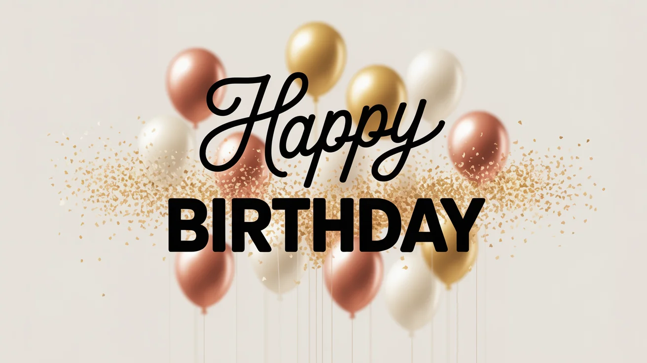 A beautifully designed graphic that says "Happy Birthday" in stylish fonts, surrounded by colorful confetti and gold accents on a clean background.