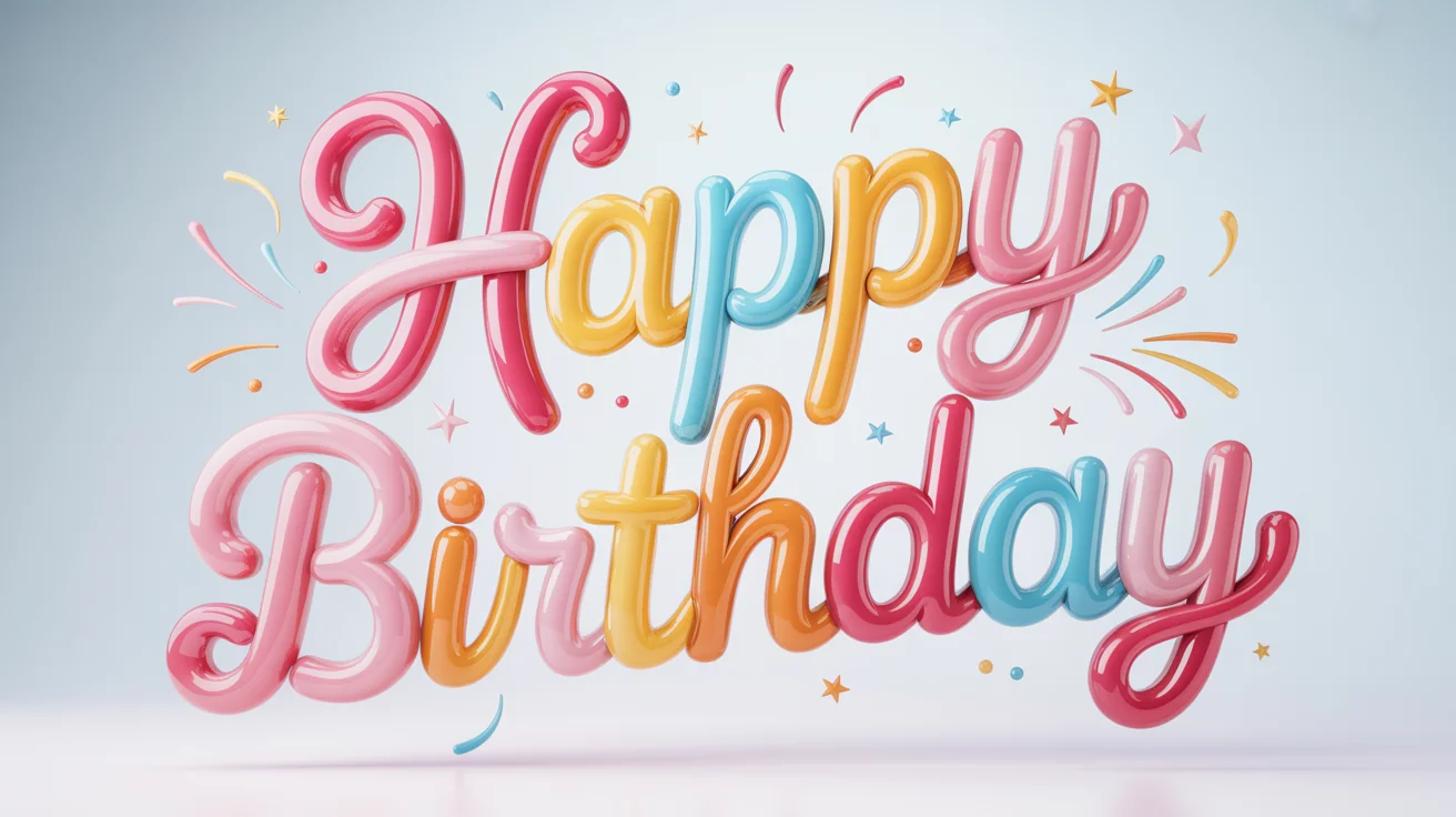 A vibrant 3D typographic design of the words 'Happy Birthday' in playful pastel and gold colors, surrounded by confetti, on a white background.