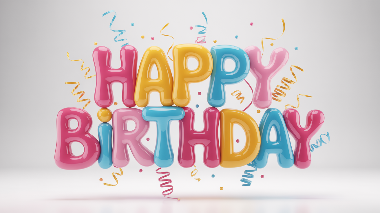 A 3D typographic design of the words 'Happy Birthday' in vibrant, glossy pastel colors, surrounded by confetti and streamers on a clean white background.