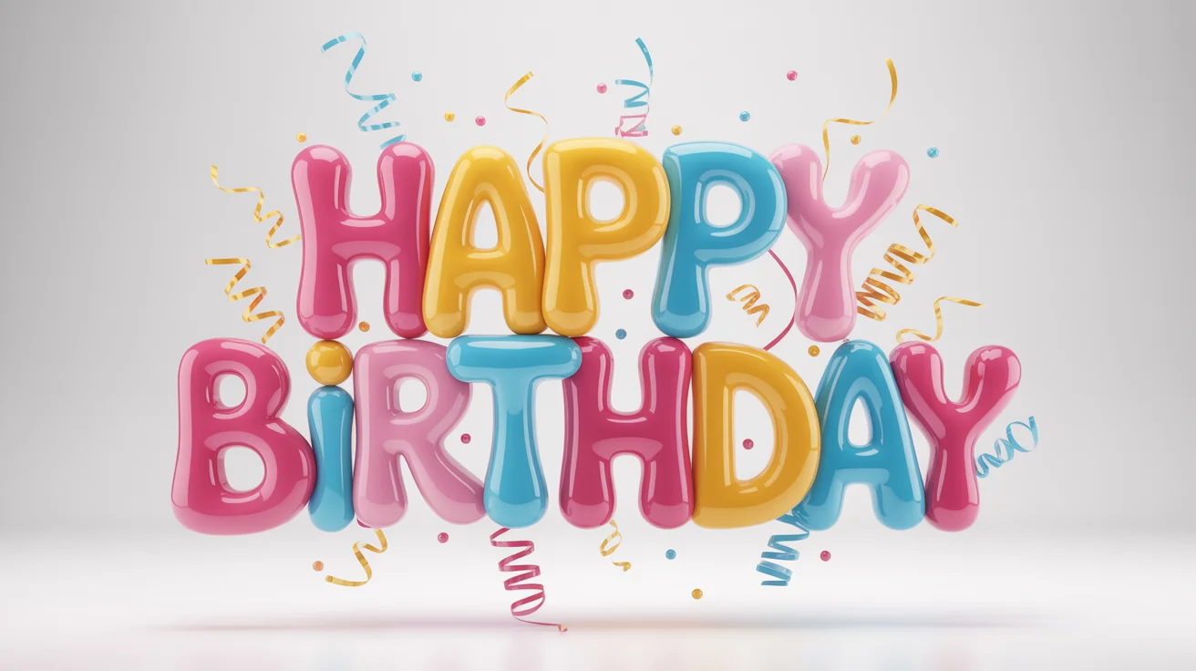 A 3D typographic design of the words 'Happy Birthday' in vibrant, glossy pastel colors, surrounded by confetti and streamers on a clean white background.