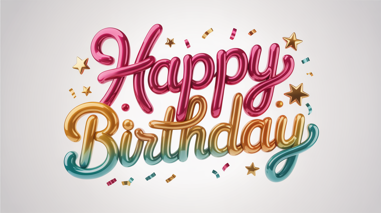 A colorful 3D typography design of the words 'Happy Birthday' in a glossy, balloon-like script font, surrounded by confetti on a white background.