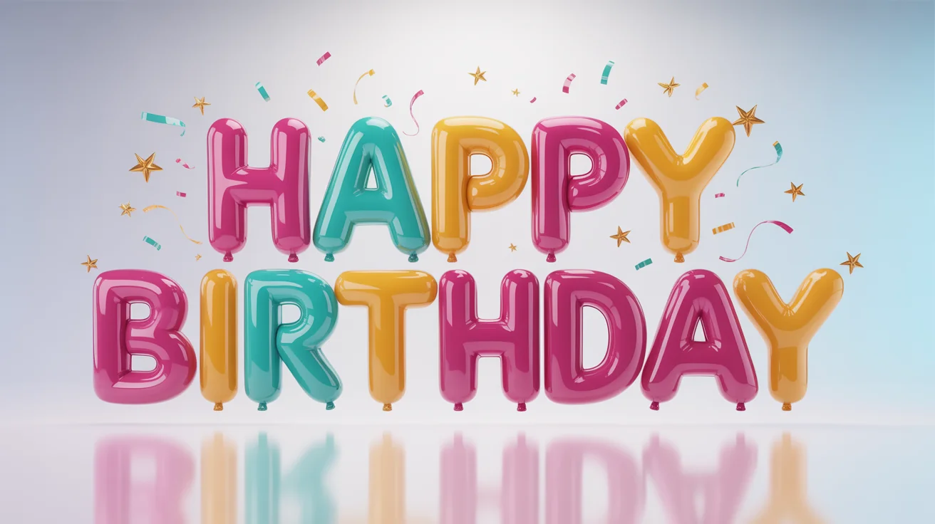 A vibrant 3D rendering of the words 'Happy Birthday' in a glossy, balloon-like font with colorful confetti against a clean white background, conveying a celebratory mood.
