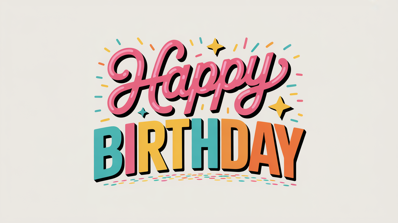 A modern typographic design mockup showing the words 'Happy Birthday' in playful, colorful fonts surrounded by confetti on a white background.