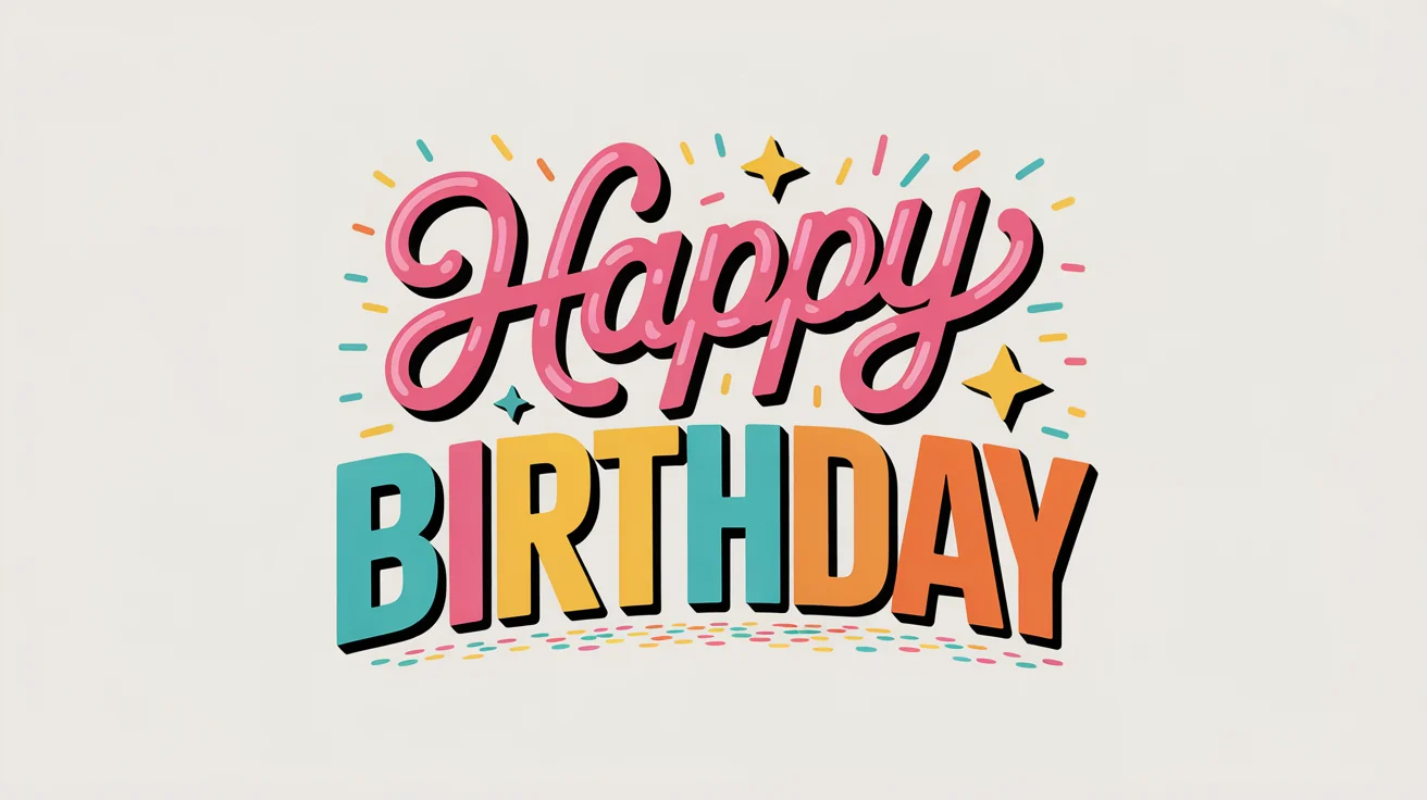 A modern typographic design mockup showing the words 'Happy Birthday' in playful, colorful fonts surrounded by confetti on a white background.
