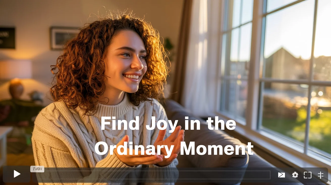 A still frame from a polished quote video showing a smiling woman in the background with the text 'Find Joy in the Ordinary Moment' overlaid in a stylish font.