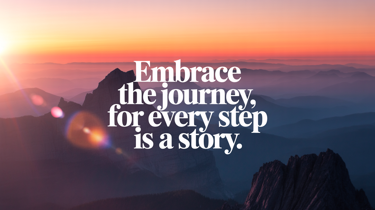 A still from an inspirational video showing the quote 'Embrace the journey, for every step is a story.' overlaid on a scenic mountain sunrise.