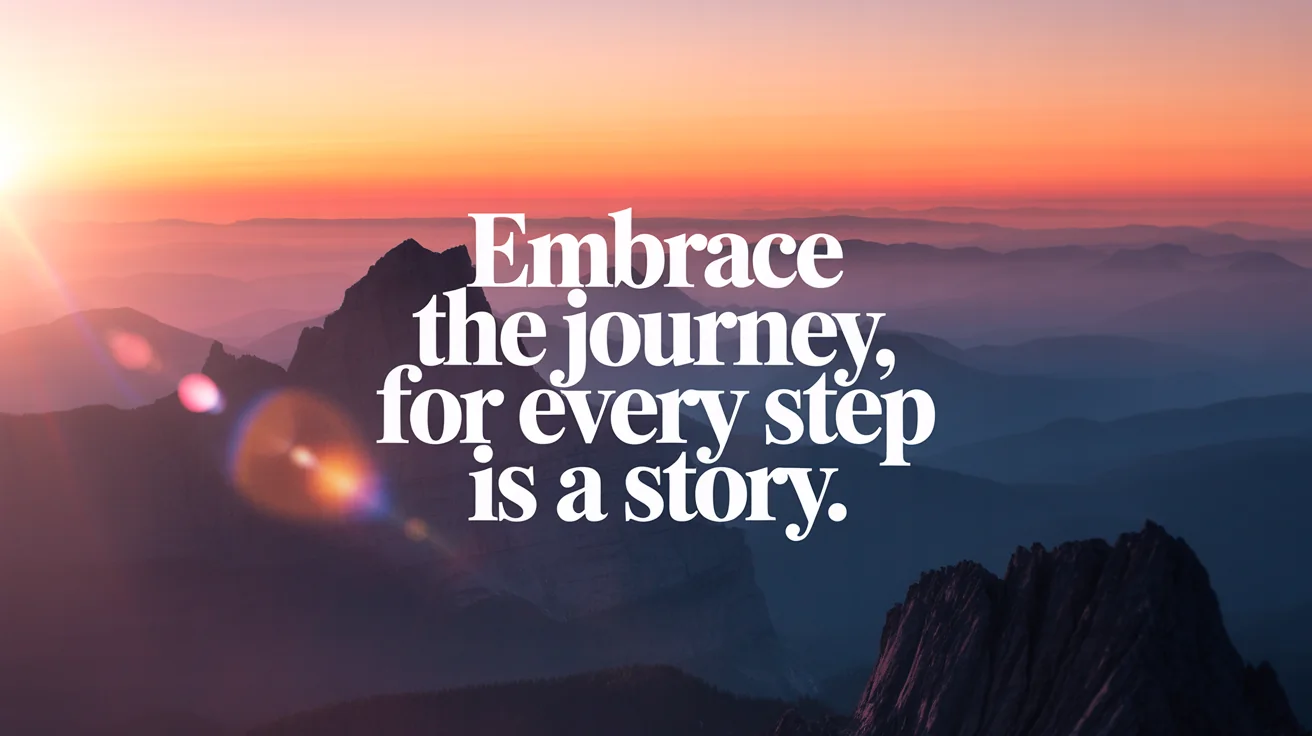 A still from an inspirational video showing the quote 'Embrace the journey, for every step is a story.' overlaid on a scenic mountain sunrise.