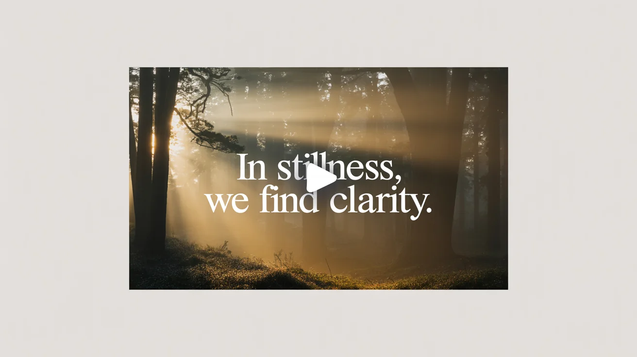 A mockup of a quote video showing a cinematic shot of a misty forest at sunrise, with the quote 'In stillness, we find clarity' displayed in the center.