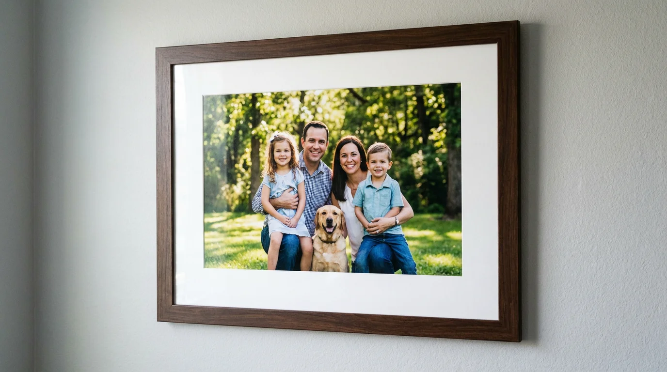 A framed family photo hanging on a wall, viewed straight-on with no glare or reflection on the glass, showing the picture inside clearly.
