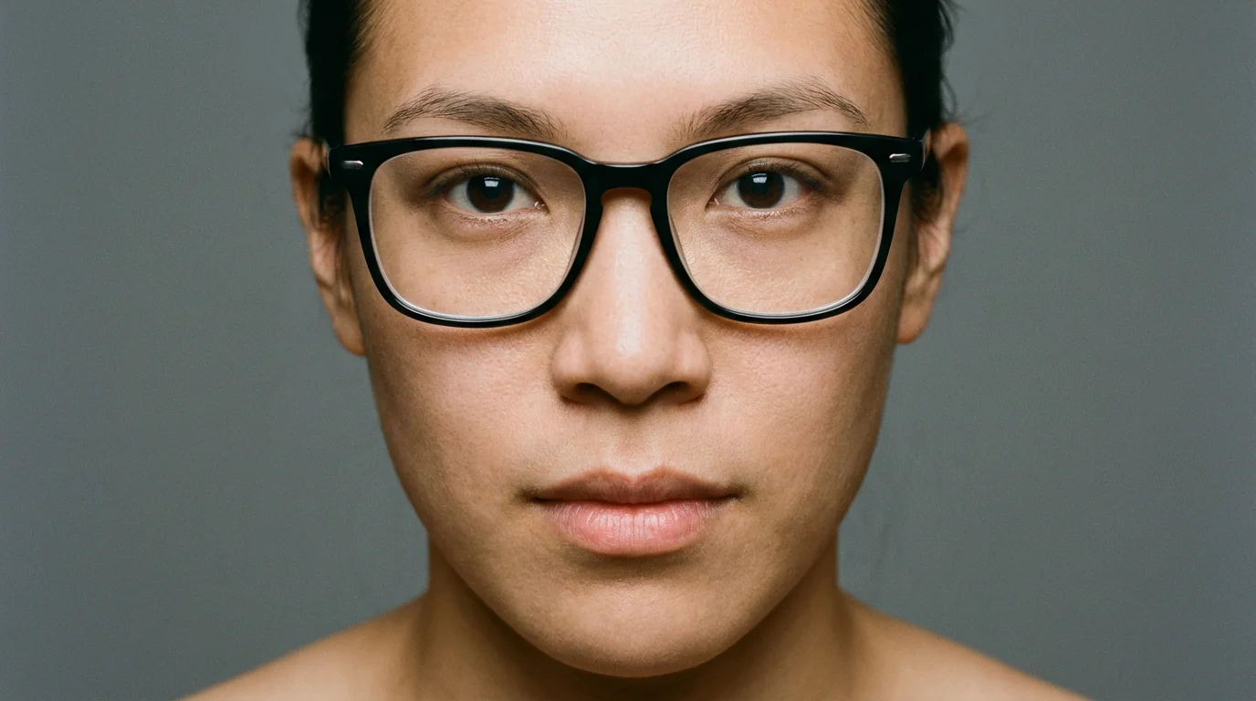 A close-up portrait of a person wearing glasses, where the lenses are perfectly clear and free of any glare or reflections, showing their eyes in full detail.