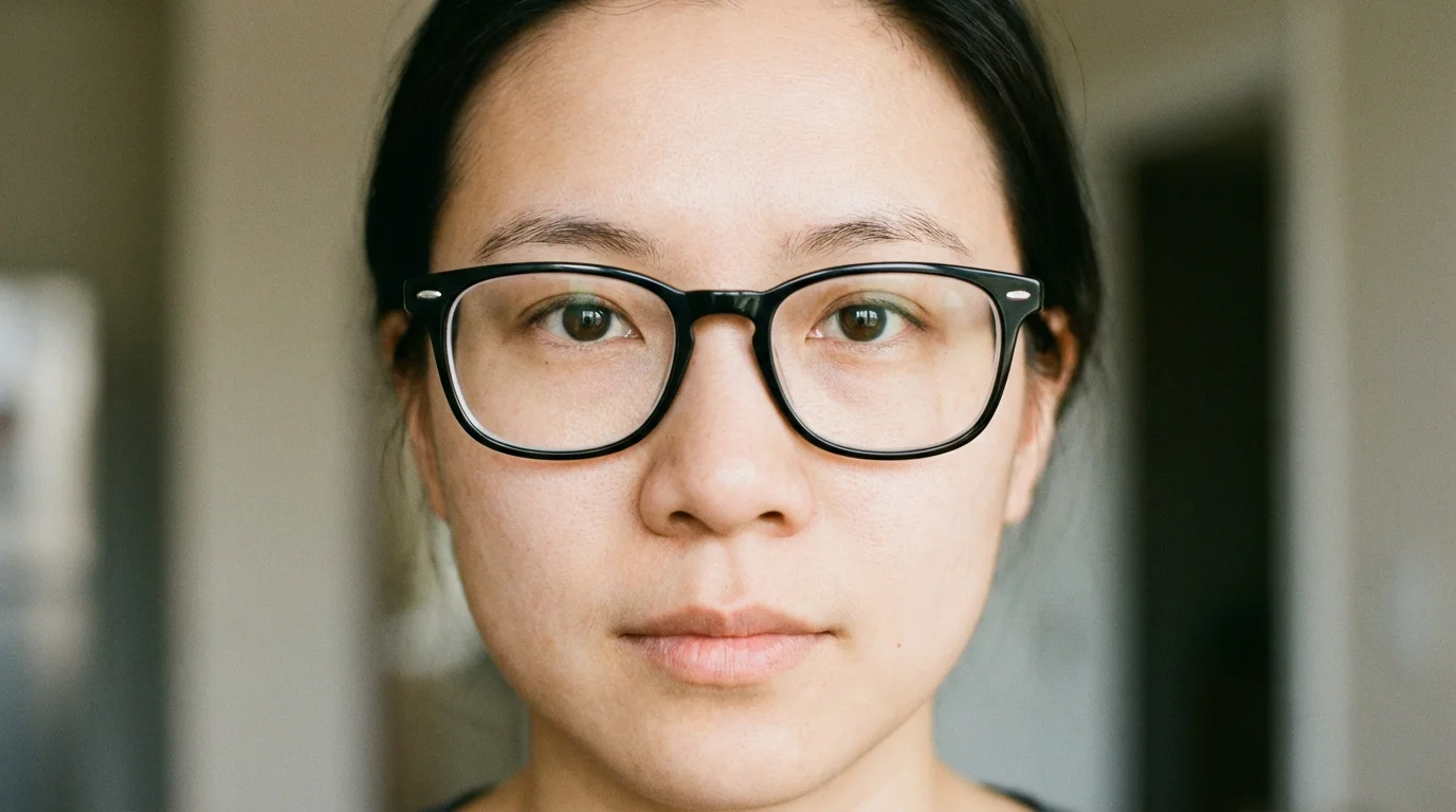 A close-up photo of a person wearing glasses. The lenses are perfectly clear, showing their eyes without any obstructive light glare or reflections.