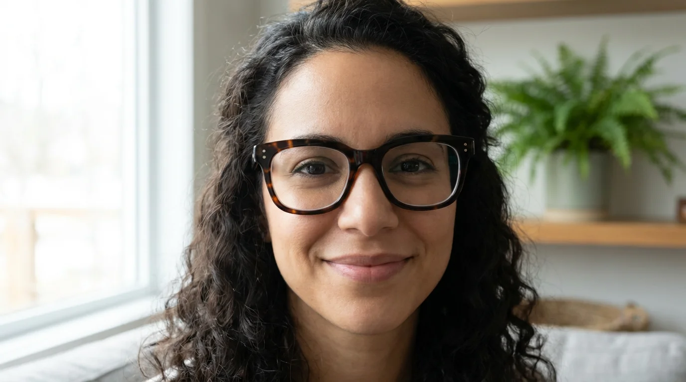 A close-up portrait of a smiling woman wearing glasses. The lenses are perfectly clear, with no glare or reflections, showing her eyes in sharp detail.