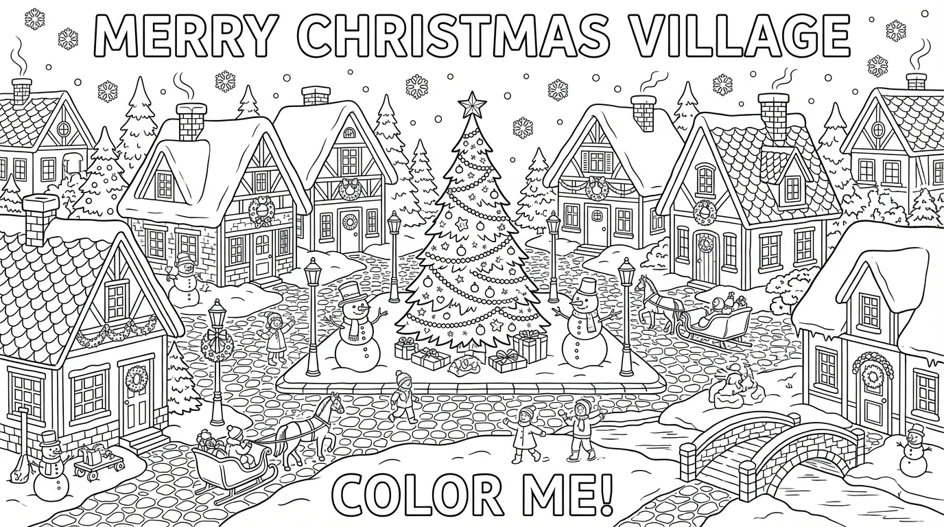 An intricate black and white Christmas coloring page featuring a snowy village scene with houses, a large Christmas tree, and snowmen, presented as a final design.