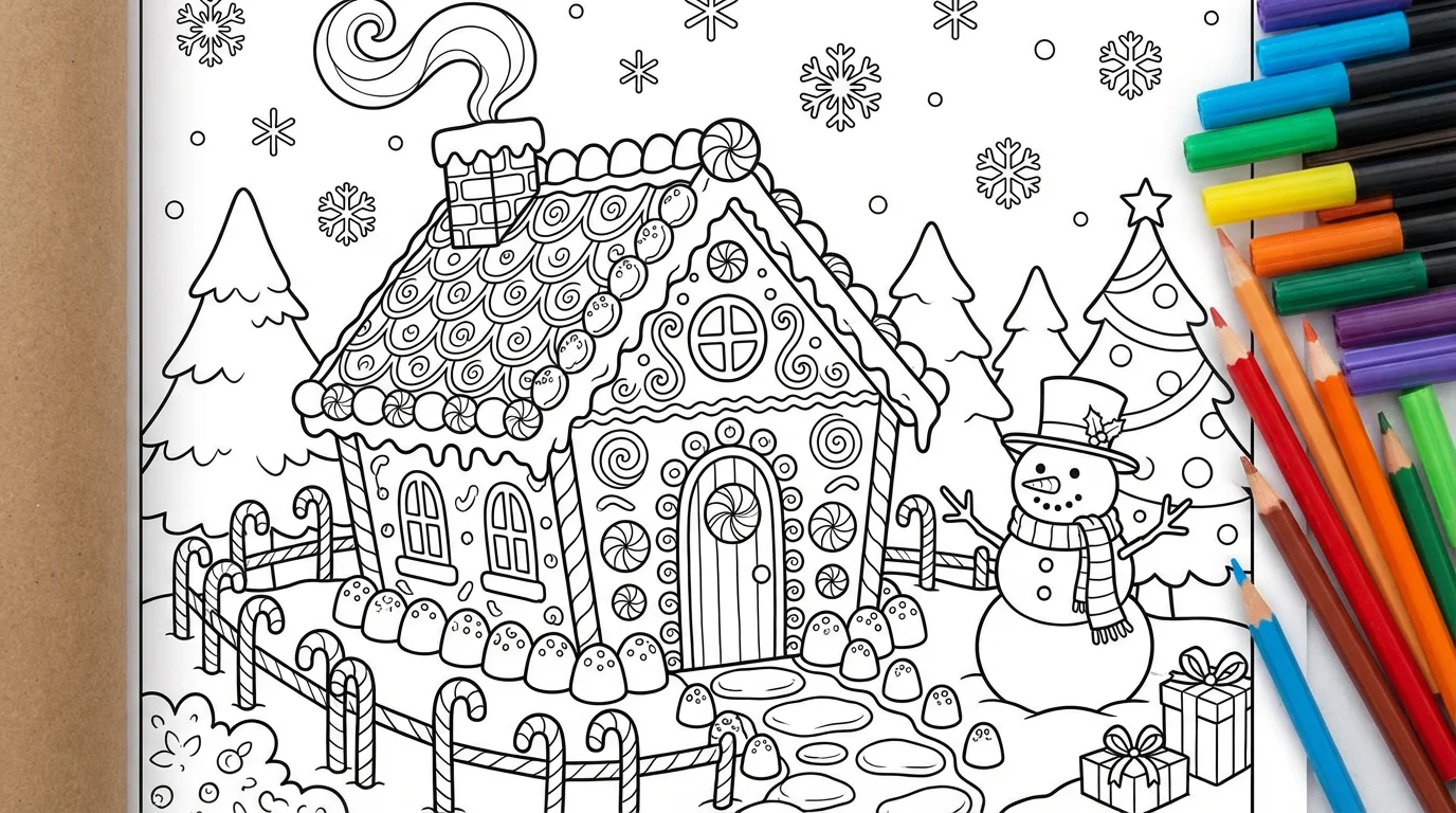 A black and white line art illustration of a Christmas gingerbread house scene, designed as a coloring page. It shows a detailed gingerbread house, a snowman, and candy cane decorations.