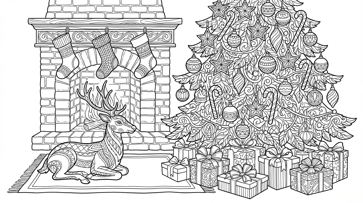 A black and white line art illustration of a Christmas scene, designed as a coloring book page. It features a decorated Christmas tree, a fireplace with stockings, presents, and a small reindeer.