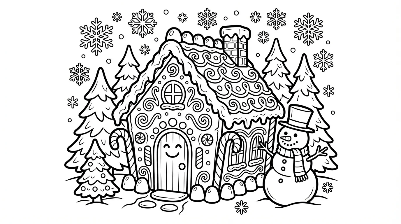 A black and white line art Christmas coloring page showing a detailed gingerbread house, a snowman, and festive trees, ready to be colored in.