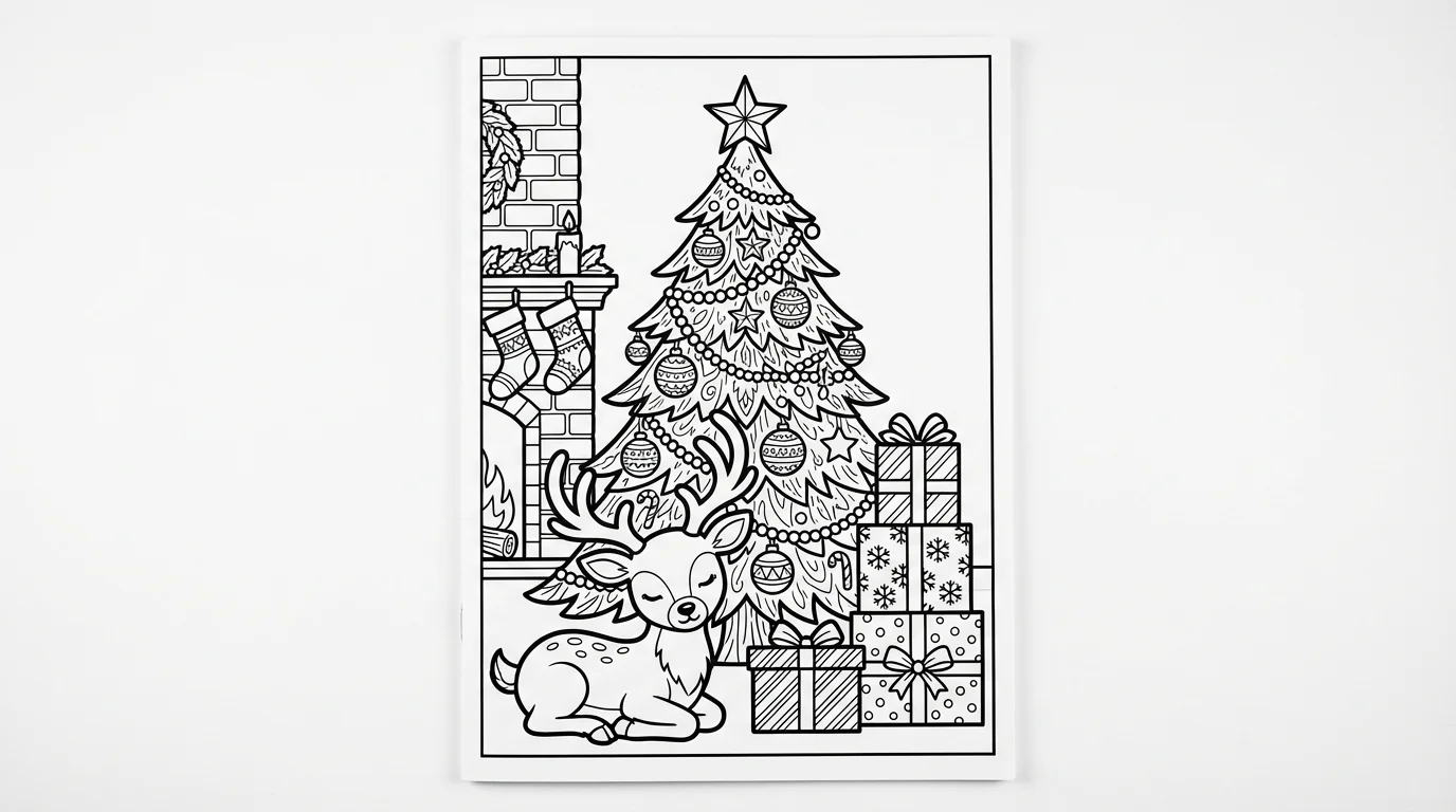 A black and white Christmas coloring page illustration featuring a cozy scene with a detailed Christmas tree, a brick fireplace, and a cute reindeer sitting next to presents.