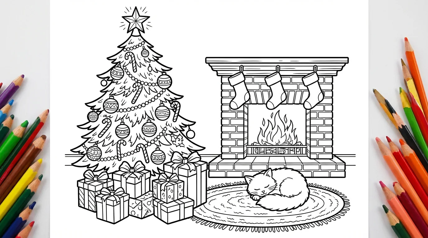 A detailed black and white line art illustration of a cozy Christmas scene, designed as a coloring page. It features a decorated Christmas tree, a fireplace with stockings, presents, and a sleeping cat.