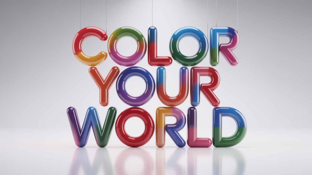 A 3D rendering of the words 'COLOR YOUR WORLD' written in a bold font with a glossy, vibrant rainbow color gradient, set against a clean white background.