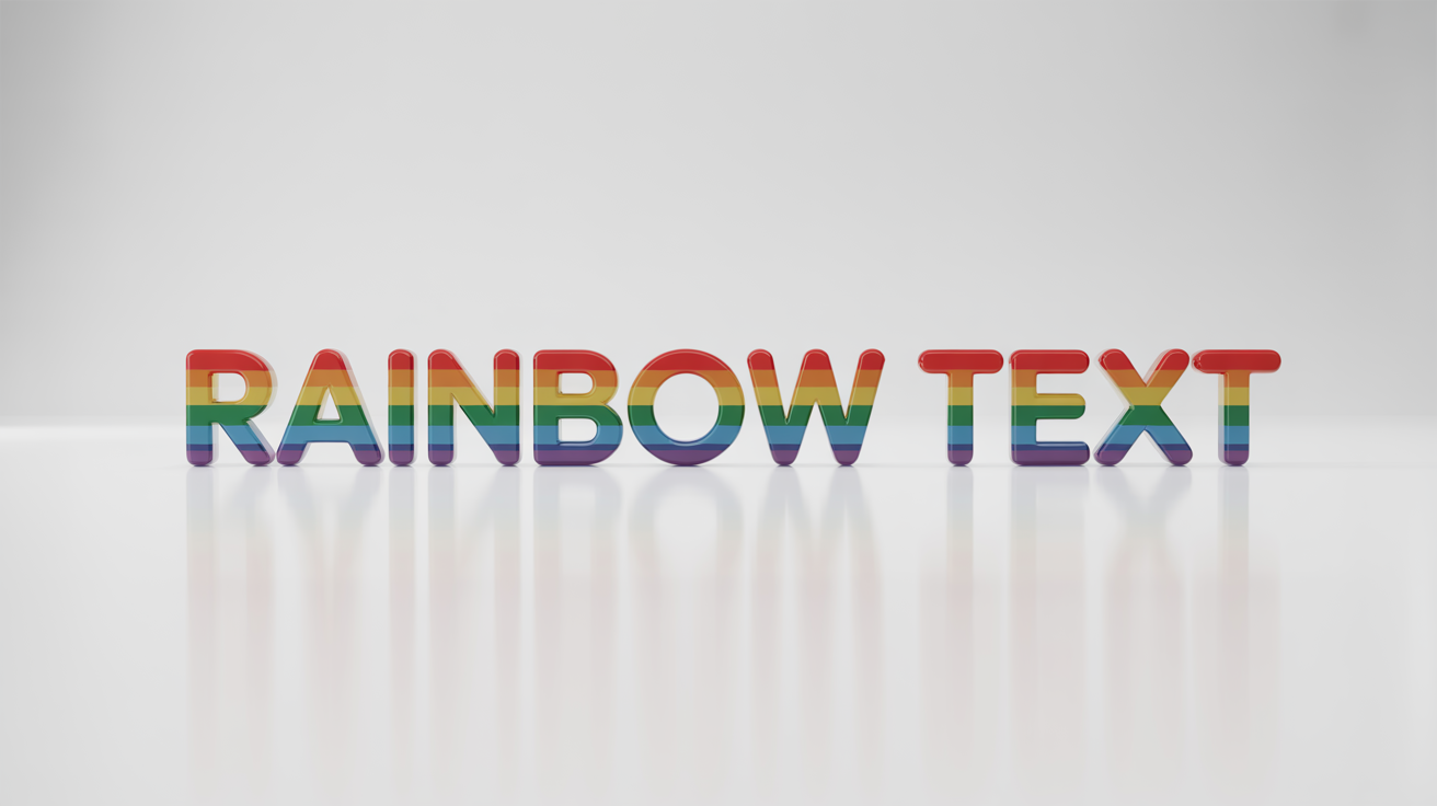 A 3D rendering of the words 'Rainbow Text' in a bold font with a glossy, vibrant rainbow color gradient, set against a plain white background.