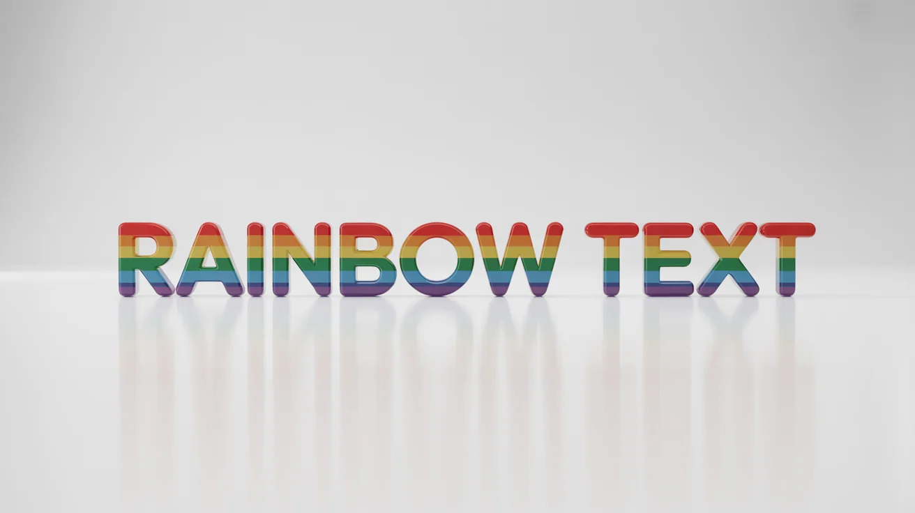A 3D rendering of the words 'Rainbow Text' in a bold font with a glossy, vibrant rainbow color gradient, set against a plain white background.