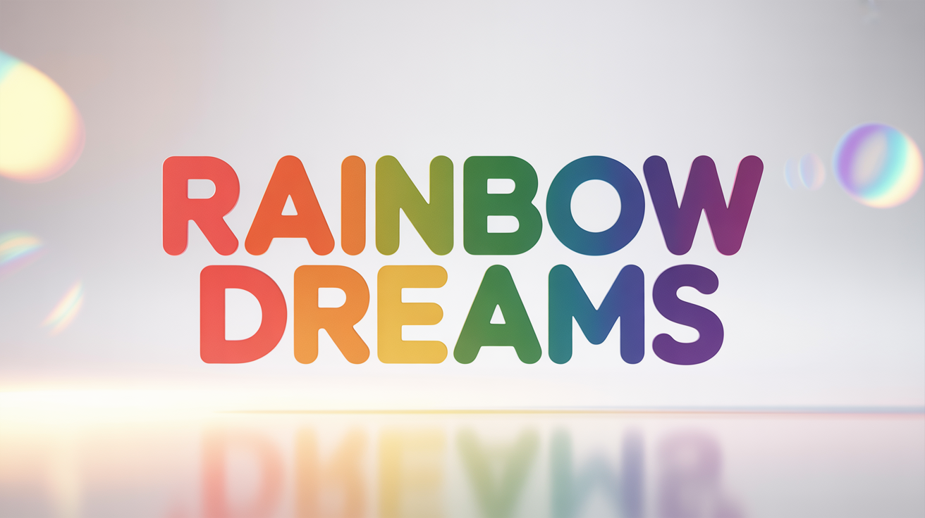 The words 'Rainbow Dreams' are written in a bold, sans-serif font with a vibrant rainbow color gradient, set against a plain white background, creating a clean and modern look.