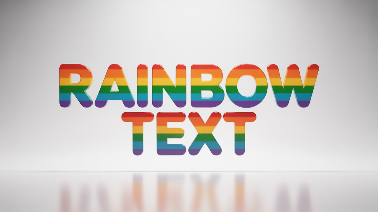 A graphic design mockup showing the words 'RAINBOW TEXT' in a bold font with a vibrant rainbow color gradient, set against a plain white background, creating a 3D effect.