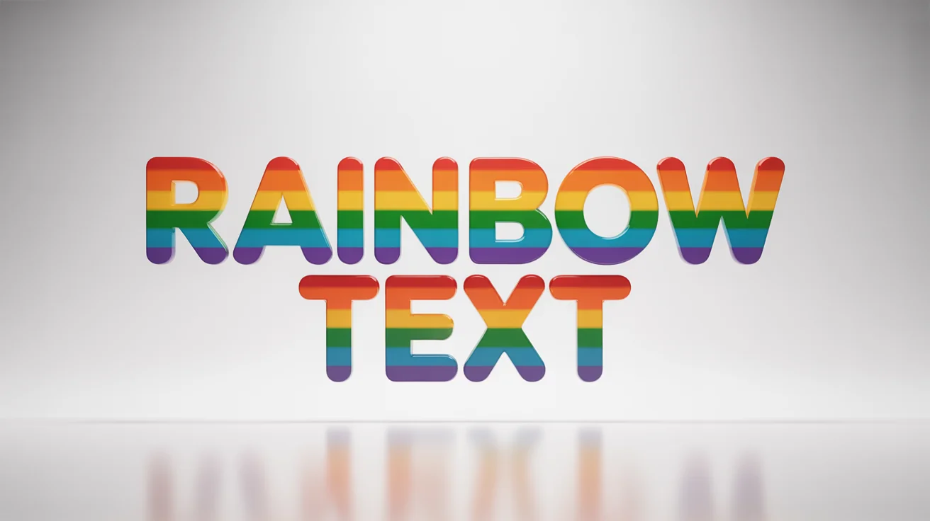 A graphic design mockup showing the words 'RAINBOW TEXT' in a bold font with a vibrant rainbow color gradient, set against a plain white background, creating a 3D effect.