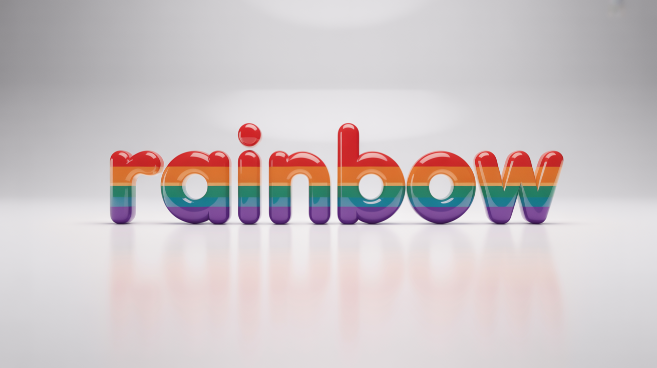 The word "Rainbow" rendered in bold, 3D letters with a glossy, vibrant rainbow color gradient, set against a plain white background, casting a soft shadow.