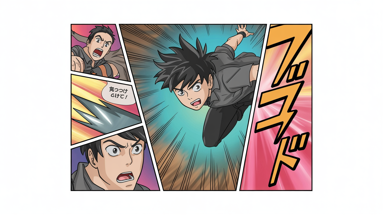 A professionally designed black and white manga page layout showing the final result of a panel bordering tool. The page features multiple panels of a shonen hero in action, with a variety of creative and dynamic border styles.