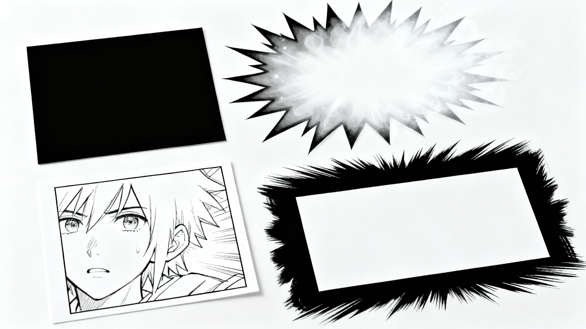 A clean mockup showcasing various manga panel border styles, including explosive, clean, and fading borders, arranged on a plain white background in a black and white art style.