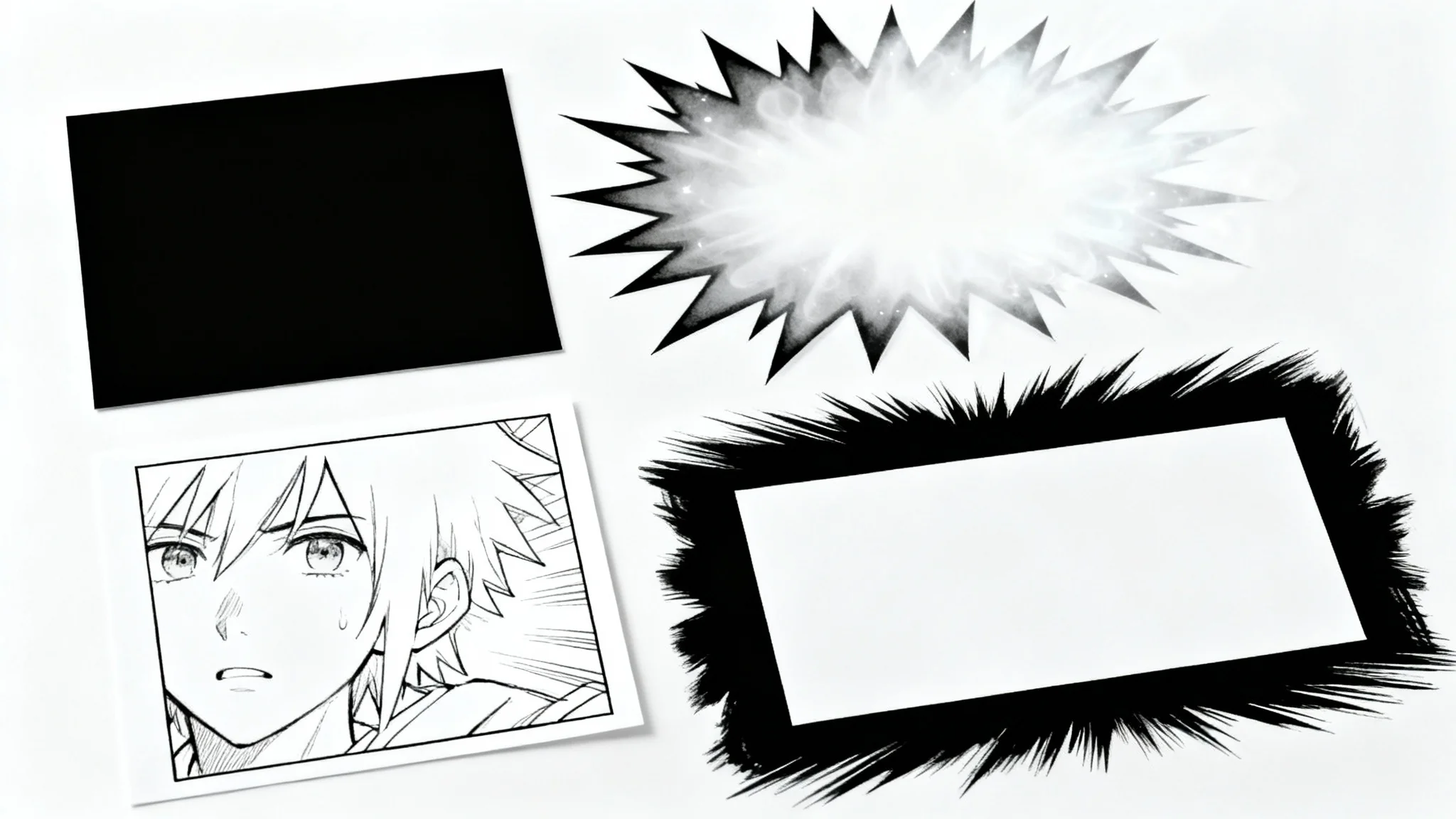 A clean mockup showcasing various manga panel border styles, including explosive, clean, and fading borders, arranged on a plain white background in a black and white art style.