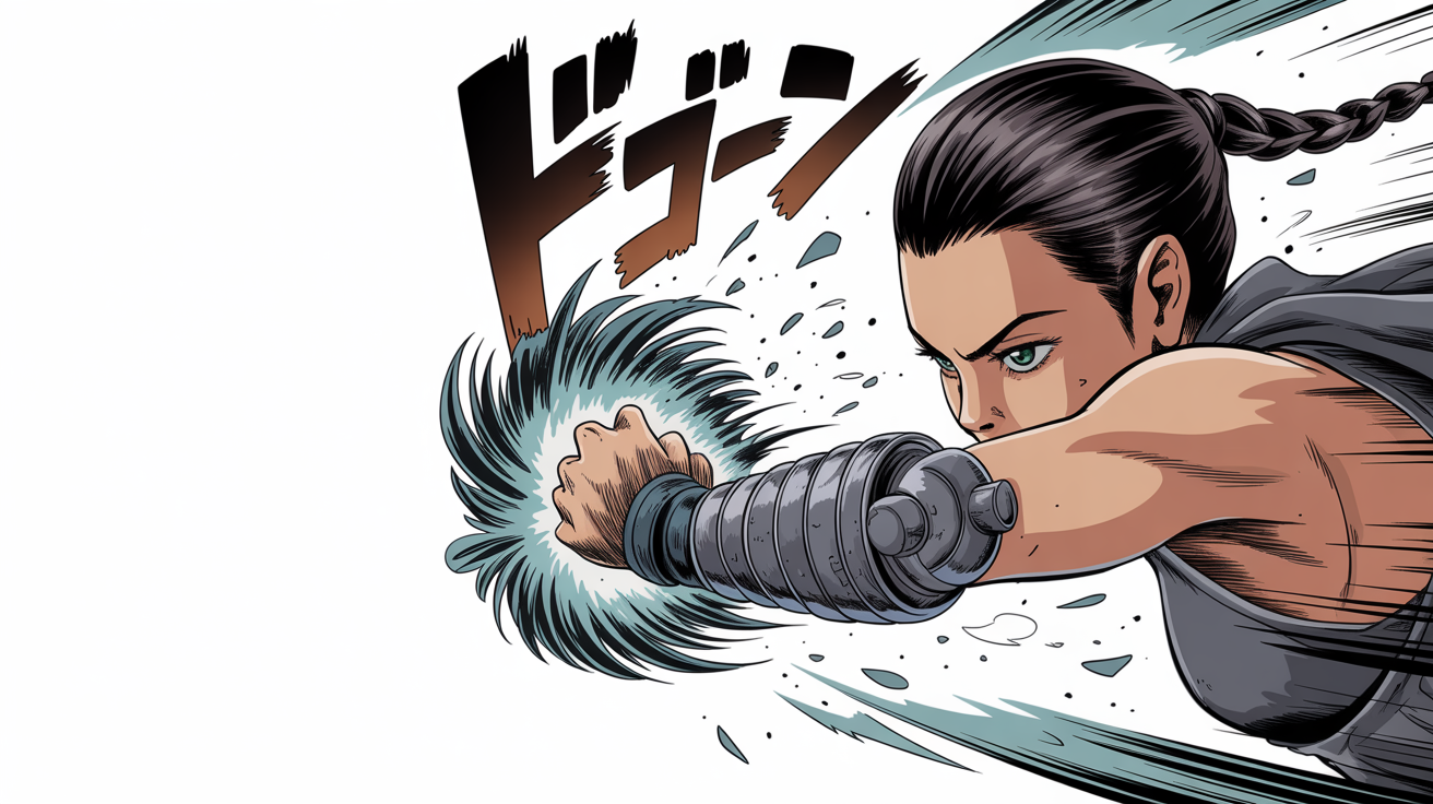 A mockup of a single, dynamic black-and-white manga panel with an explosive border, featuring a female warrior deflecting an attack. The panel is set against a clean white background.