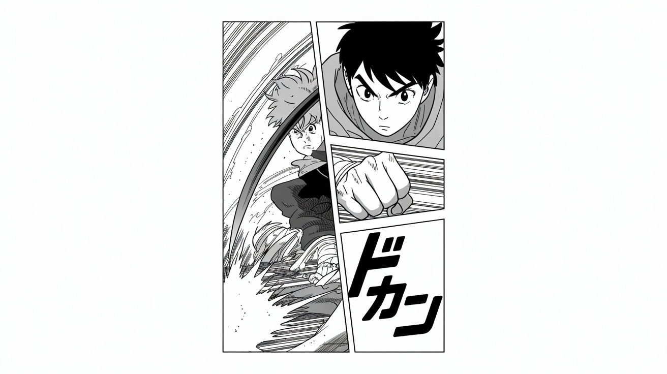 A black and white manga page layout with several panels, showcasing different border styles. One panel has an action effect breaking the border.