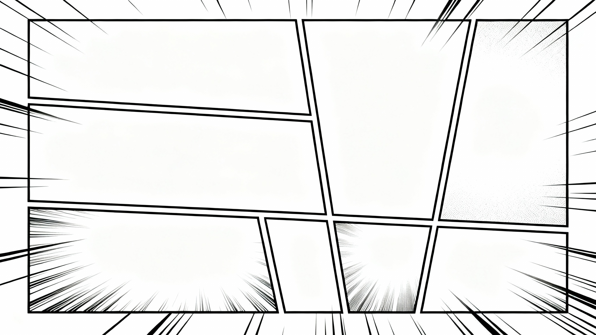 A black and white manga page layout on a white background, featuring a dynamic arrangement of empty panels with crisp borders and action lines.