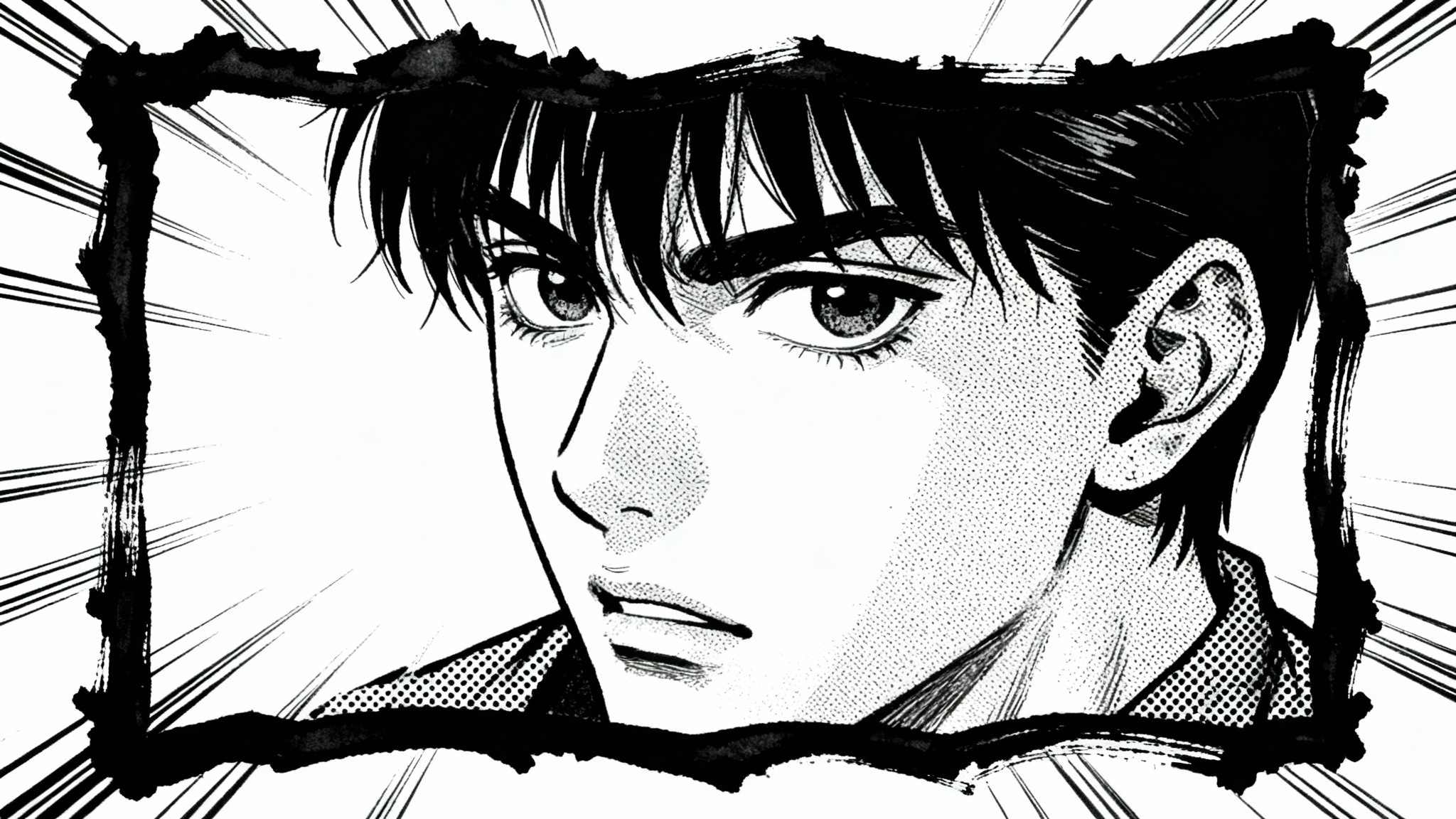 A close-up of a single black and white manga panel with a unique, hand-drawn irregular border, set against a plain white background. The panel shows a character's face in a classic manga art style.