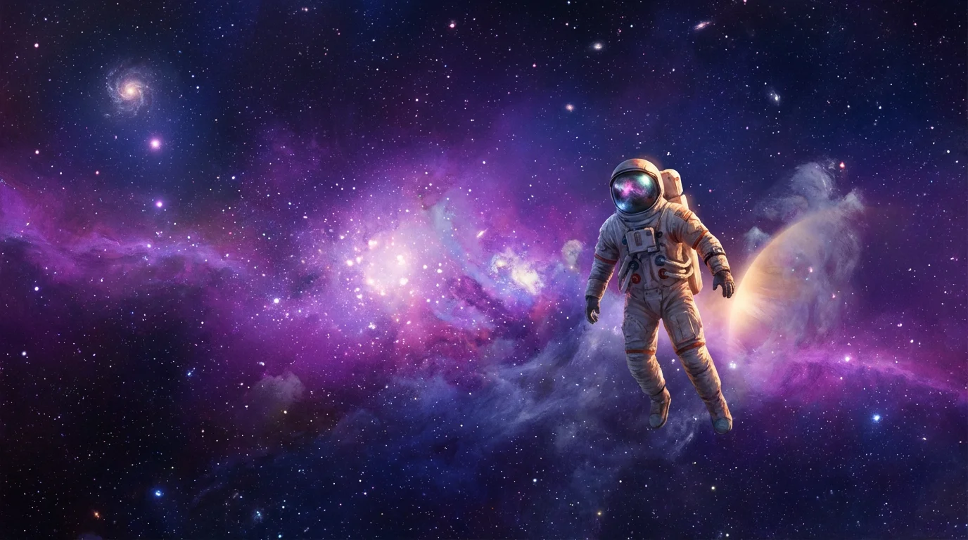 A stunning digital painting of a lone astronaut floating in the vastness of deep space, dwarfed by a magnificent, colorful nebula, conveying a sense of profound solitude and awe.