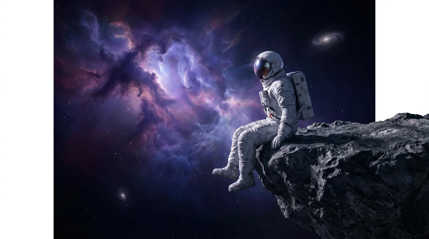 A digital art piece showing a lonely astronaut in a white spacesuit sitting on a floating asteroid, gazing at a colorful nebula in the vastness of space, set against a plain white background.